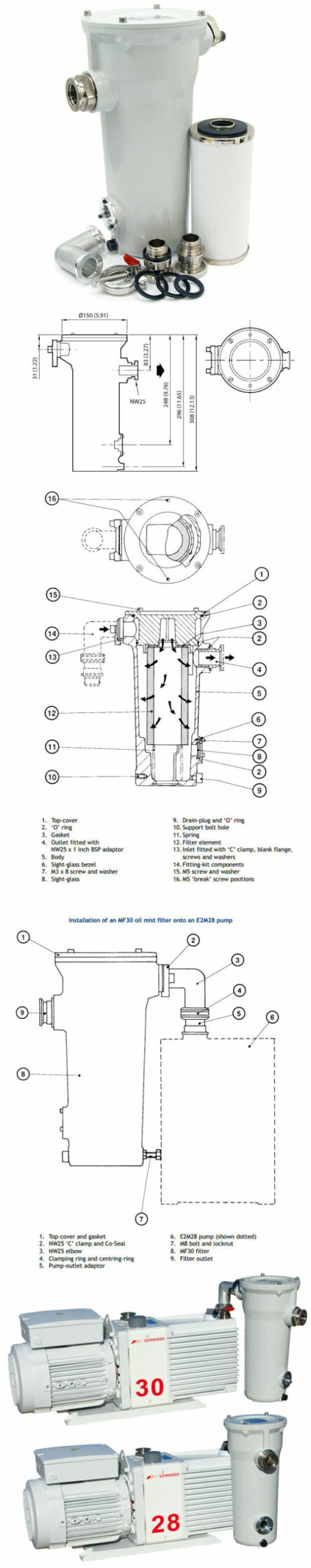 MF30 Exhaust Oil Mist Filter for Edwards E2M28 Vacuum Pumps